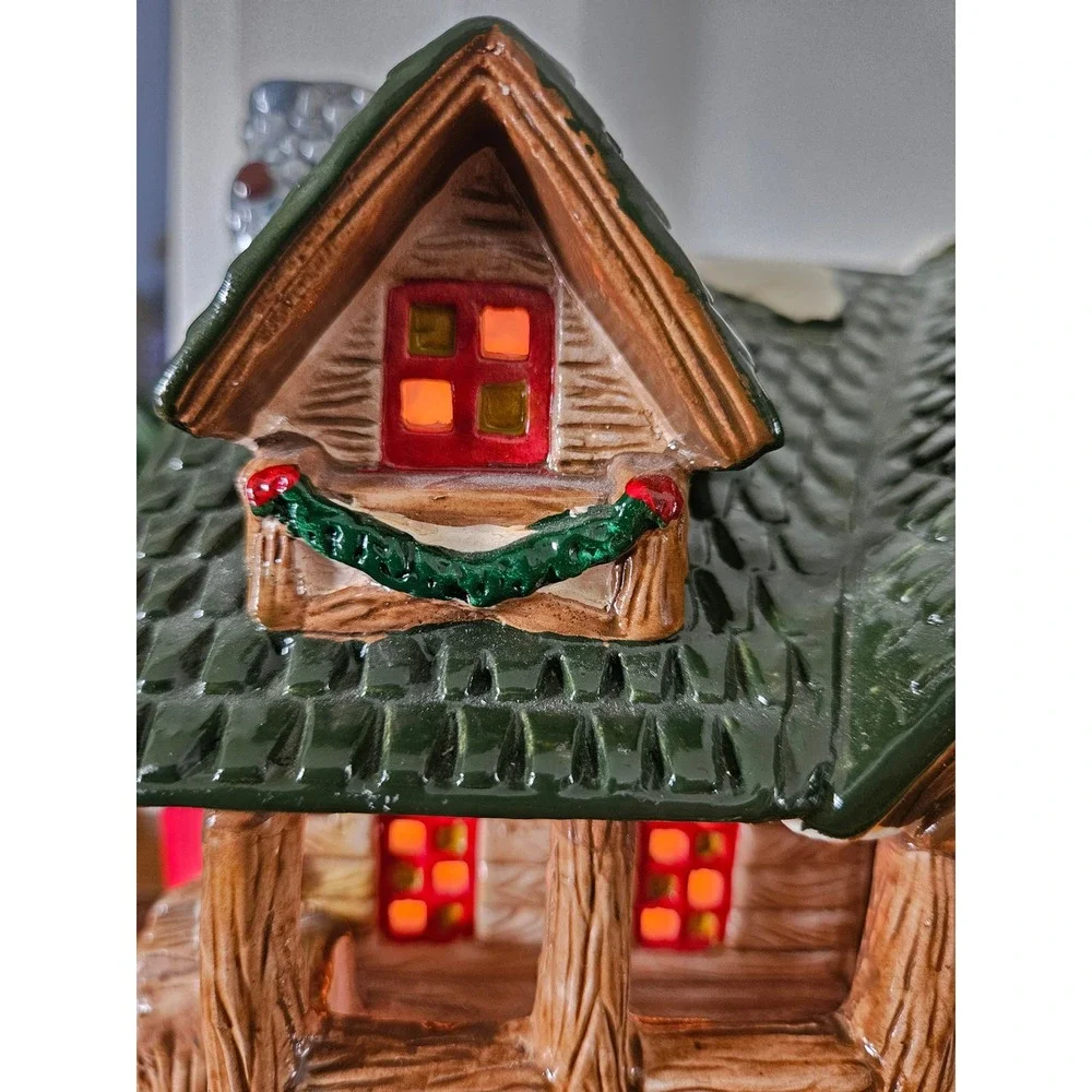VTG 90's Welcome to Christmas in Vermont log lodge moosehead ceramic village